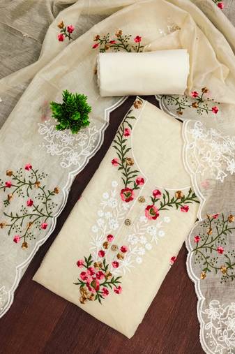 Beige embroidered cotton semi stitched churidar dress-materials