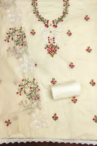 Beige embroidered cotton churidar dress-materials