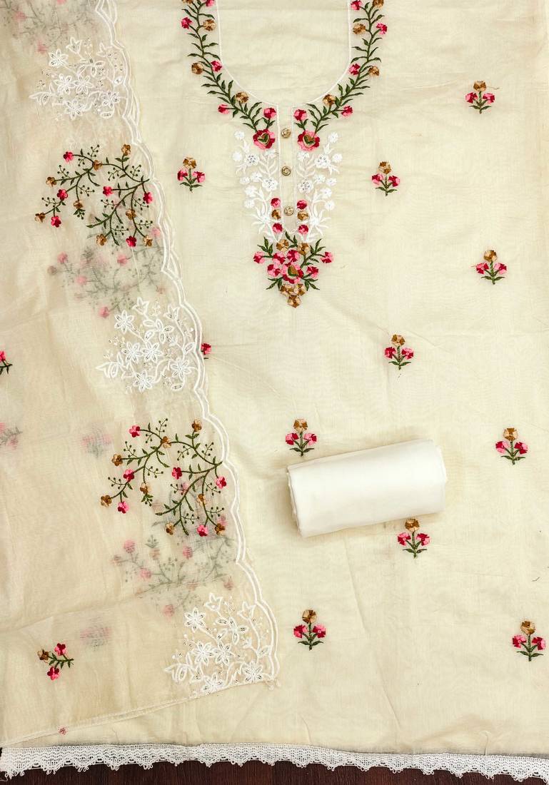 Beige embroidered cotton semi stitched churidar dress-materials
