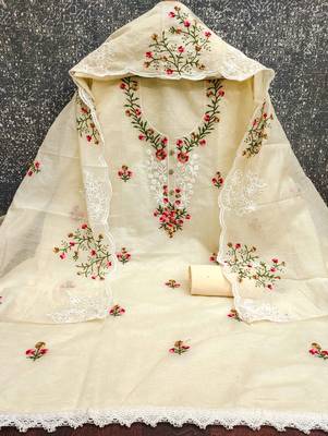 Beige embroidered cotton churidar dress-materials 3