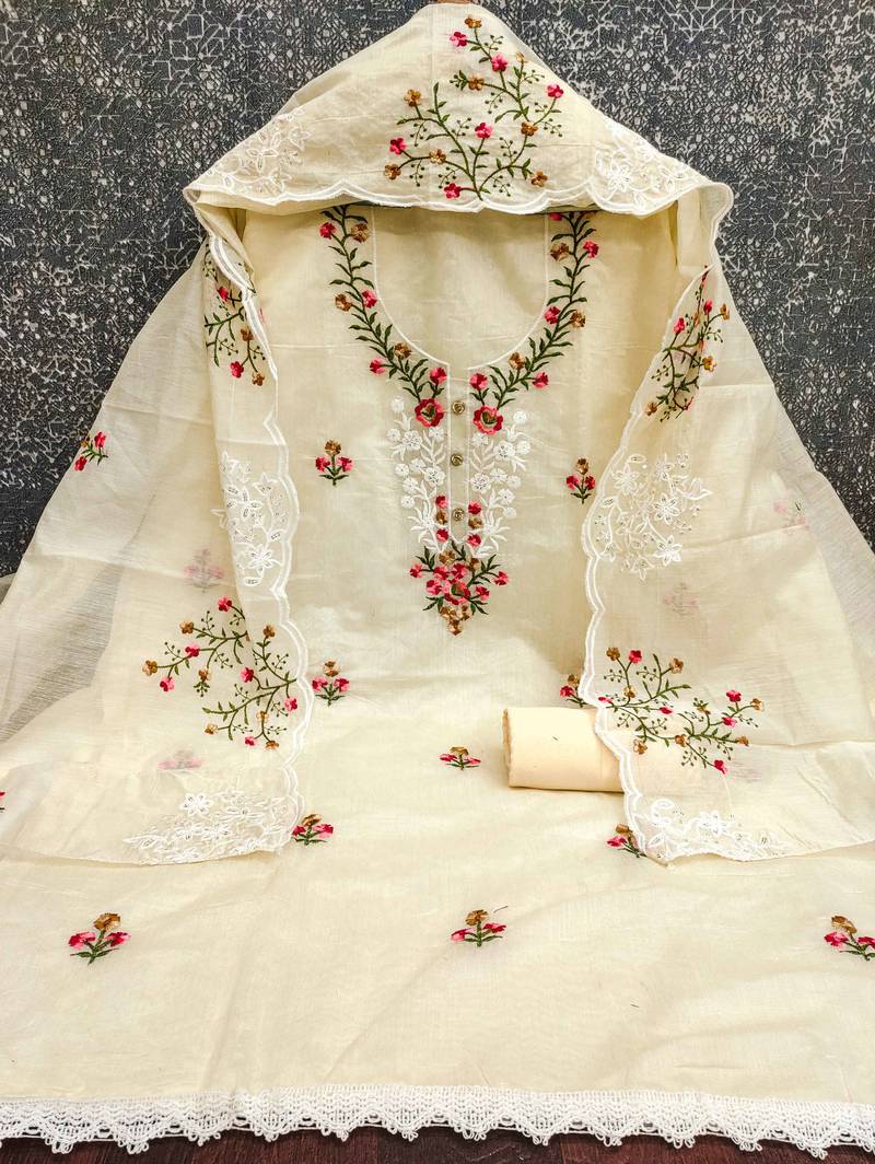 Beige embroidered cotton semi stitched churidar dress-materials