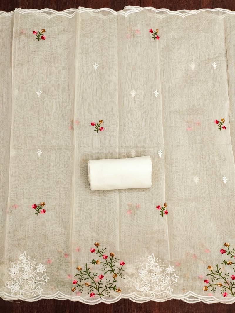 Beige embroidered cotton semi stitched churidar dress-materials