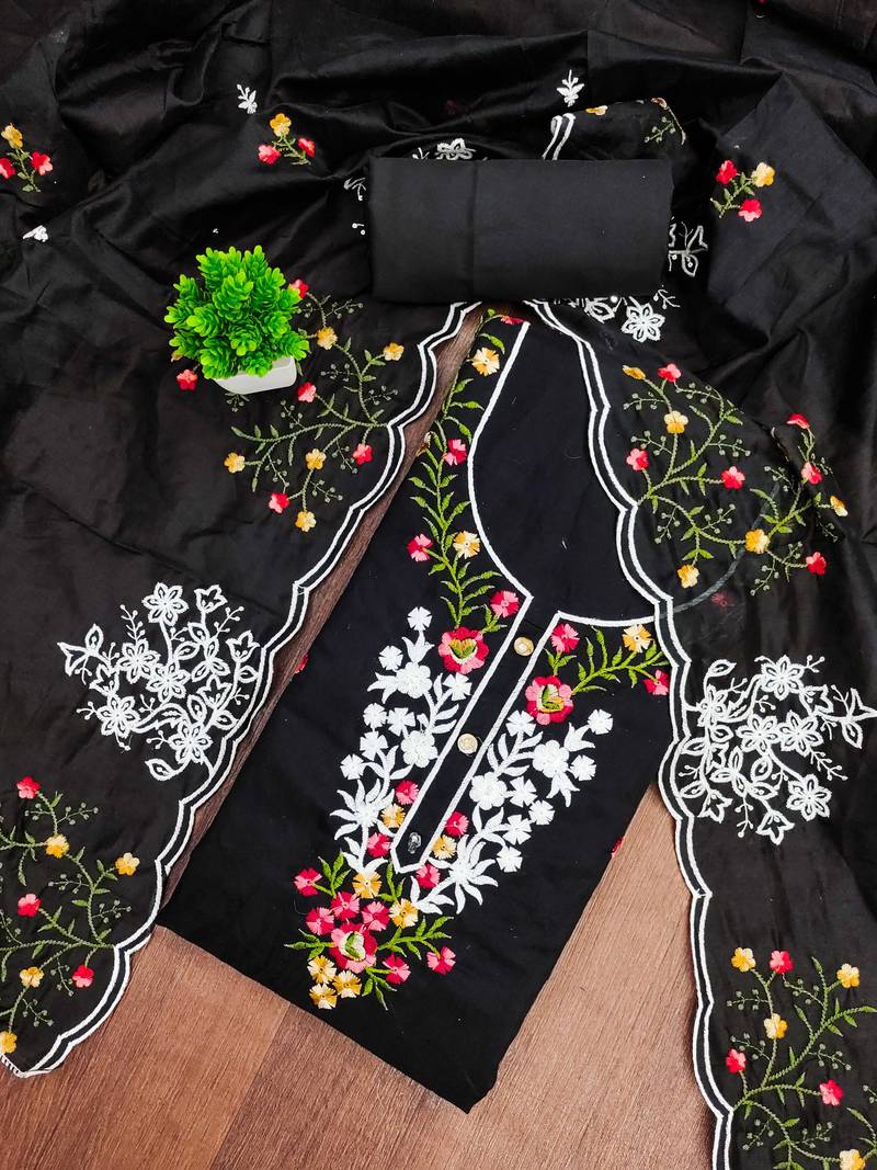 Black embroidered cotton semi stitched churidar dress-materials