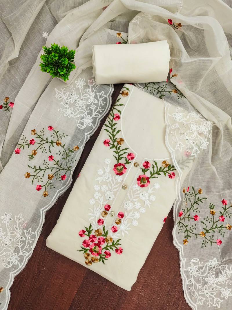 Cream embroidered cotton semi stitched churidar dress-materials