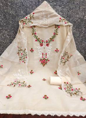 Cream embroidered cotton churidar dress-materials 3