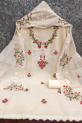 Cream embroidered cotton churidar dress-materials
