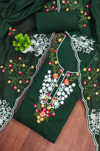 Green embroidered cotton semi stitched churidar dress-materials