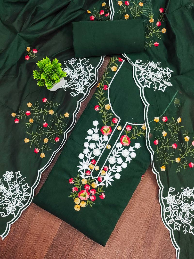Green embroidered cotton semi stitched churidar dress-materials
