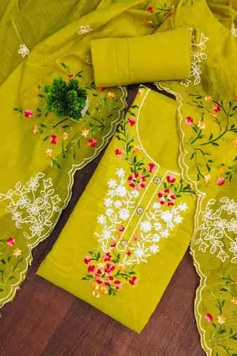 Mehendi embroidered cotton semi stitched churidar dress-materials