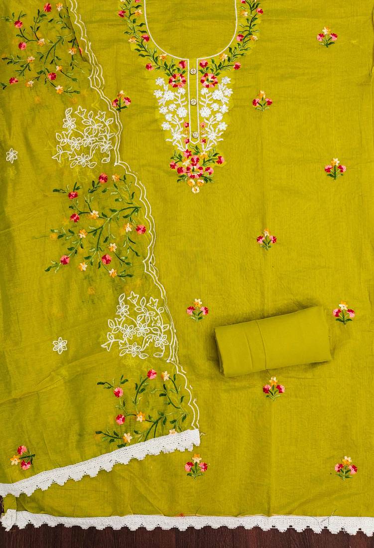 Mehendi embroidered cotton semi stitched churidar dress-materials