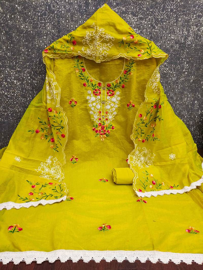 Mehendi embroidered cotton semi stitched churidar dress-materials