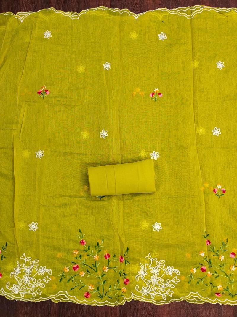 Mehendi embroidered cotton semi stitched churidar dress-materials