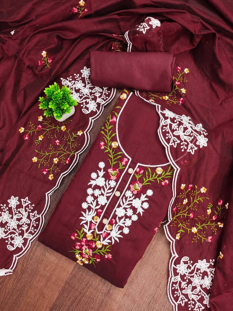 Maroon embroidered cotton semi stitched churidar dress-materials