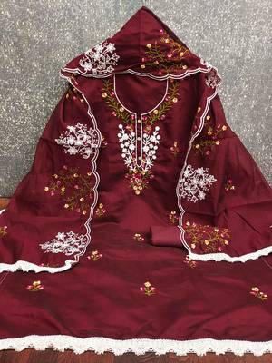 Maroon embroidered cotton semi stitched churidar dress-materials 3