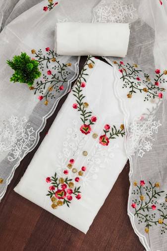 White embroidered cotton semi stitched churidar dress-materials
