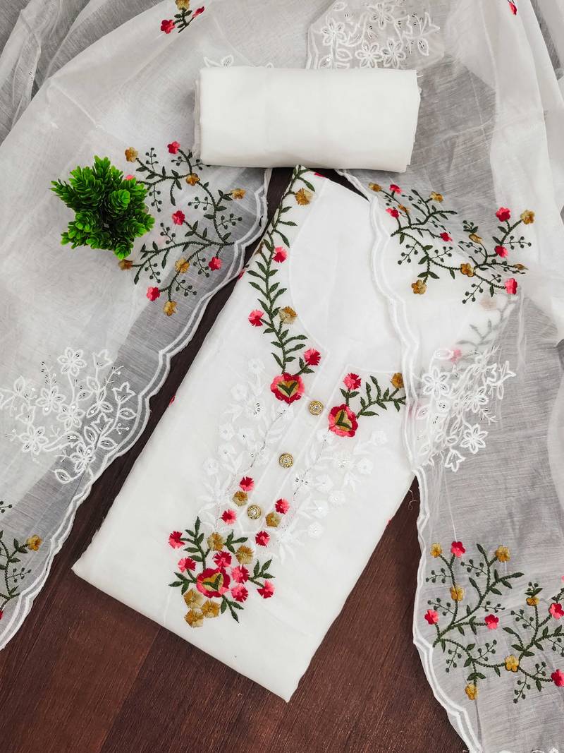 White embroidered cotton semi stitched churidar dress-materials