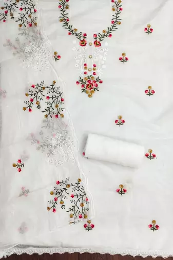 White embroidered cotton churidar dress-materials