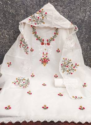 White embroidered cotton churidar dress-materials 3