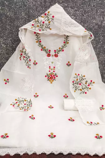White embroidered cotton churidar dress-materials