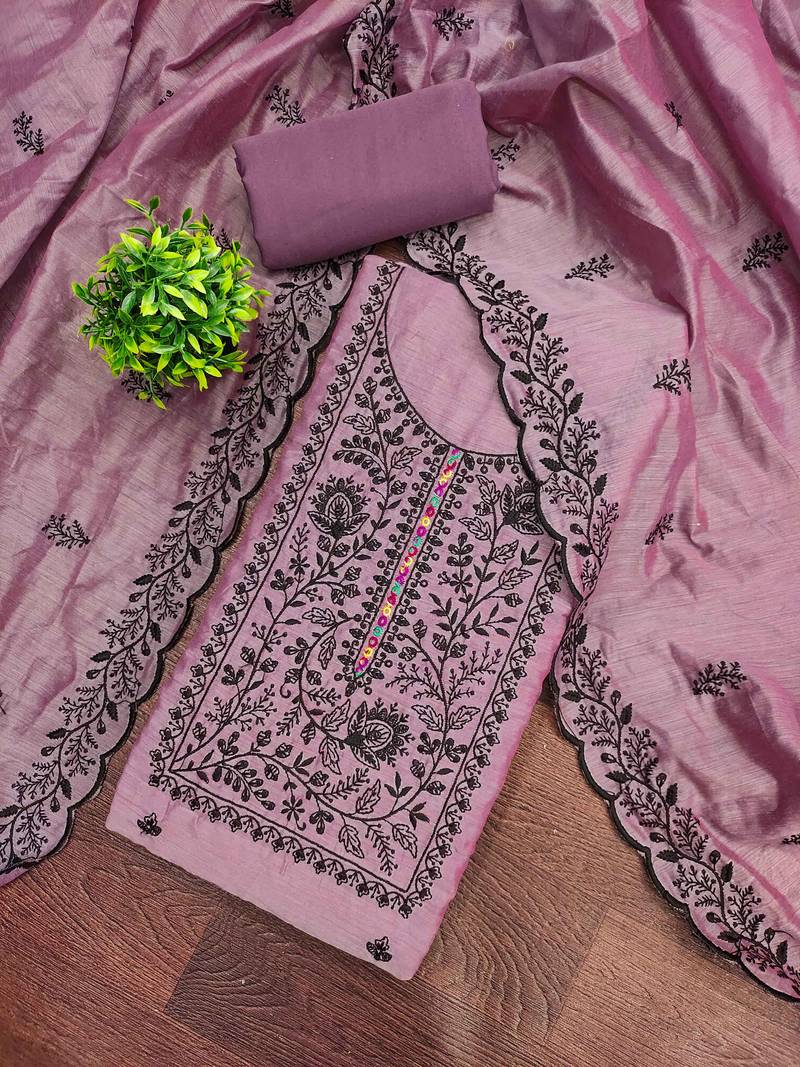 Lavender embroidered cotton semi stitched churidar dress-materials