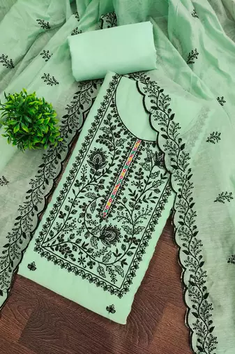 Light-green embroidered cotton semi stitched churidar dress-materials