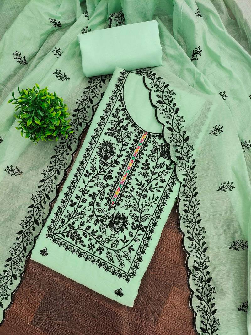 Light-green embroidered cotton semi stitched churidar dress-materials