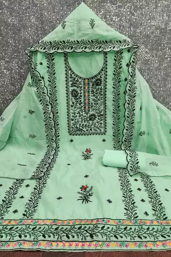 Light-green embroidered cotton churidar dress-materials