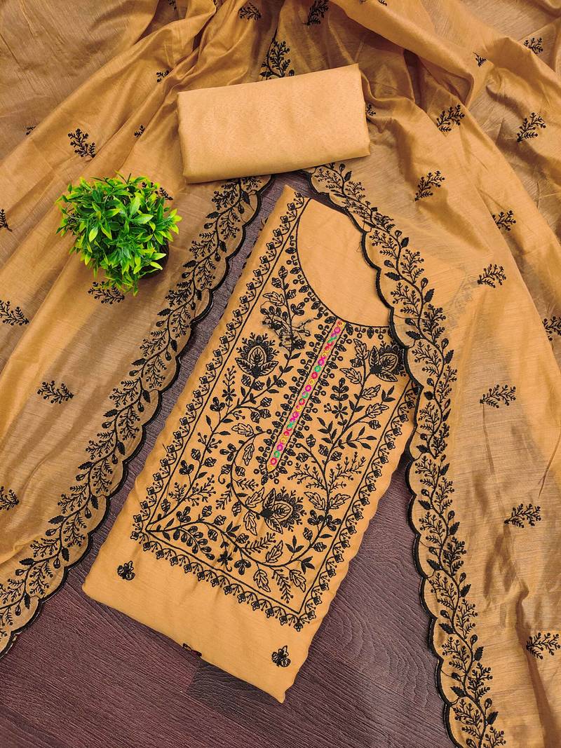 Mustard embroidered cotton semi stitched churidar dress-materials