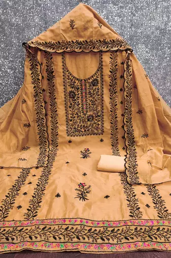 Mustard embroidered cotton churidar dress-materials