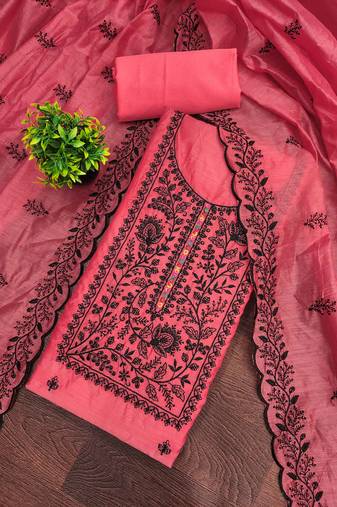 Pink embroidered cotton semi stitched churidar dress-materials