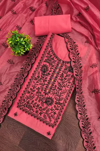 Pink embroidered cotton semi stitched churidar dress-materials