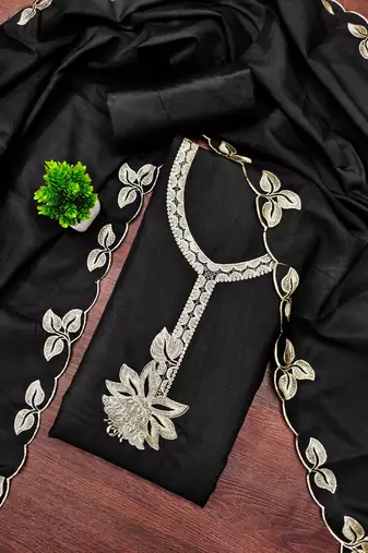 Black embroidered cotton semi stitched churidar dress-materials