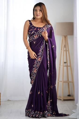 satin chiffon blooming saree with 5mm embroidery sequins work 