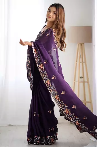 satin chiffon blooming saree with 5mm embroidery sequins work 