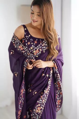 satin chiffon blooming saree with 5mm embroidery sequins work 