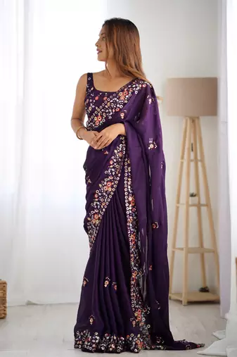 satin chiffon blooming saree with 5mm embroidery sequins work 