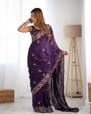 satin chiffon blooming saree with 5mm embroidery sequins work  5