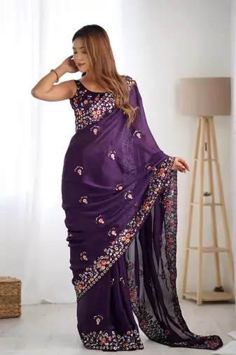 satin chiffon blooming saree with 5mm embroidery sequins work 