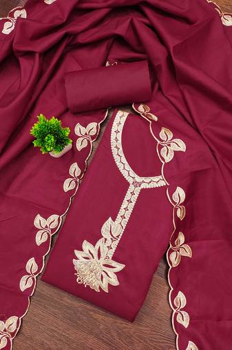 Maroon embroidered cotton semi stitched churidar dress-materials