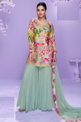 Mint green floral print full stitched palazzo suits
