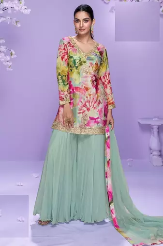 Mint green floral print full stitched palazzo suits