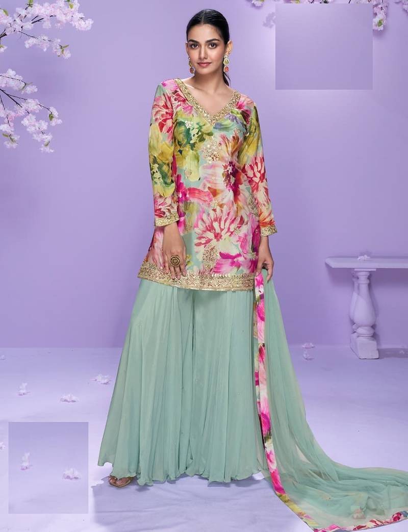 Mint green floral print full stitched palazzo suits