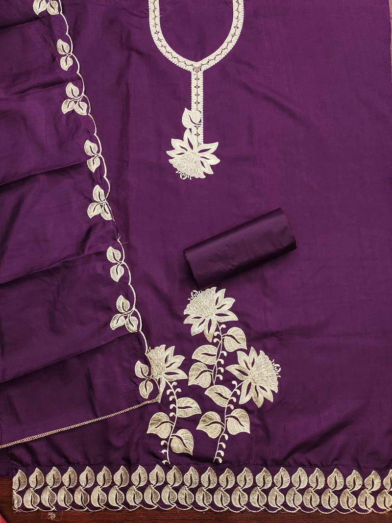 Purple embroidered cotton semi stitched churidar dress-materials