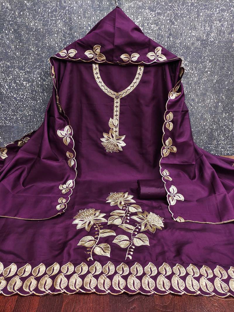 Purple embroidered cotton semi stitched churidar dress-materials