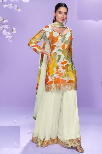 White floral print full stitched palazzo suits