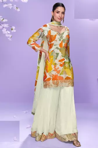 White floral print full stitched palazzo suits