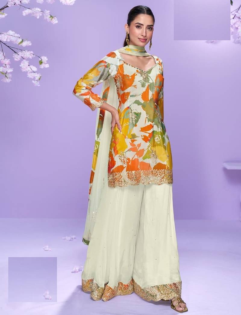 White floral print full stitched palazzo suits