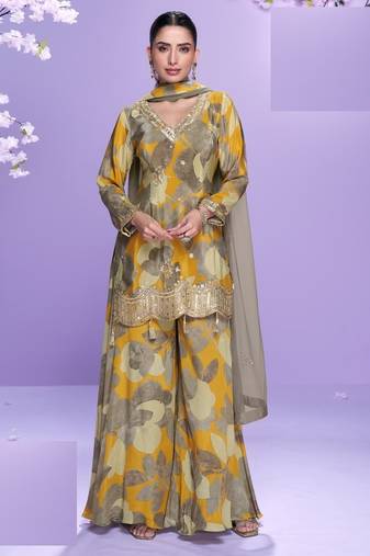 Grey floral print full stitched palazzo suits