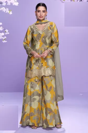 Grey floral print full stitched palazzo suits