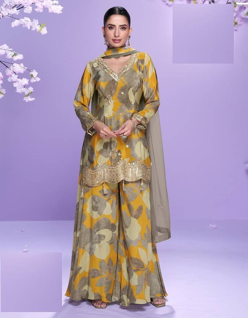 Grey floral print full stitched palazzo suits